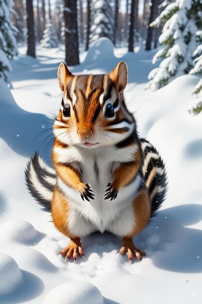 Wild animal squirrel looking for food in tree hole in snowy forest in winter hd photography