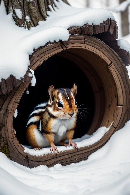 Foto scoiattolo animale selvatico in cerca di cibo nel buco dell'albero nella foresta innevata nella fotografia hd invernale