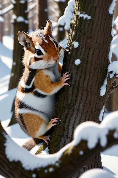 冬の雪に覆われた森の木の穴で食べ物を探す野生動物のリスのHD写真