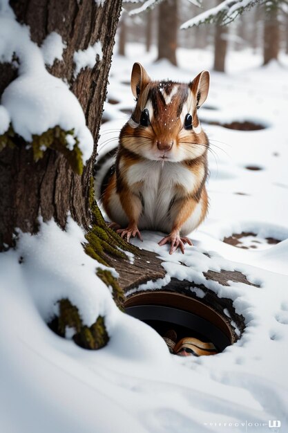 Foto scoiattolo animale selvatico in cerca di cibo nel buco dell'albero nella foresta innevata nella fotografia hd invernale