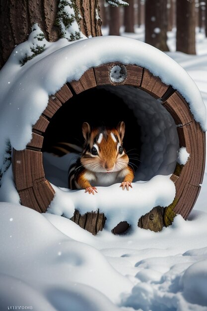 Wild animal squirrel looking for food in tree hole in snowy forest in winter hd photography