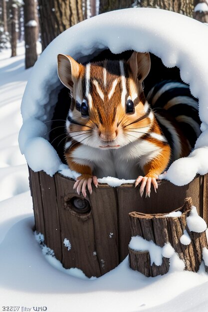 Foto scoiattolo animale selvatico in cerca di cibo nel buco dell'albero nella foresta innevata nella fotografia hd invernale