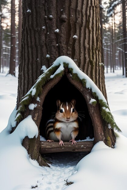 Wild animal squirrel looking for food in tree hole in snowy forest in winter hd photography