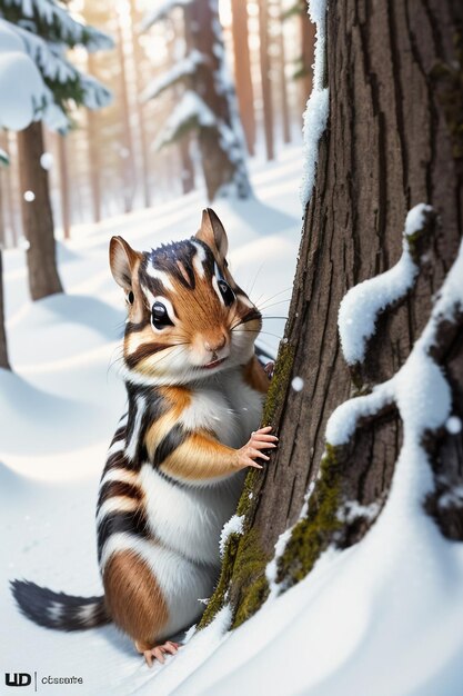 Wild animal squirrel looking for food in tree hole in snowy forest in winter HD photography