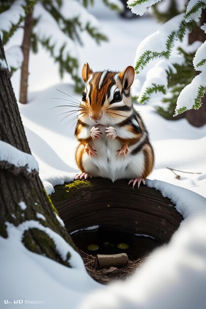 冬の雪に覆われた森の木の穴で食べ物を探す野生動物のリスのHD写真