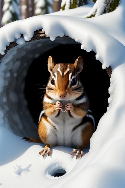 Wild animal squirrel looking for food in tree hole in snowy forest in winter HD photography