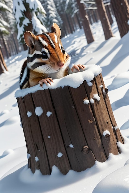 冬の雪に覆われた森の木の穴で食べ物を探す野生動物のリスのHD写真