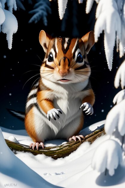 冬の雪に覆われた森の木の穴で食べ物を探す野生動物のリスのHD写真