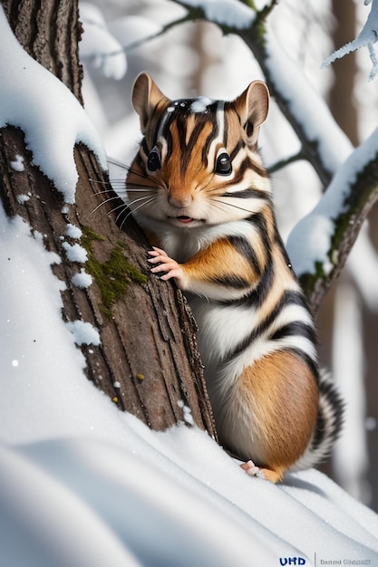 Дикое животное-белка ищет еду в дупле дерева в заснеженном лесу зимой HD-фотография