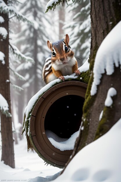 Wild animal squirrel looking for food in tree hole in snowy forest in winter hd photography