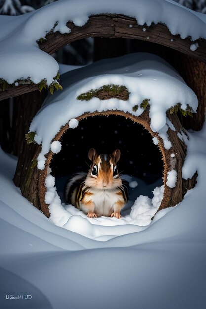 Wild animal squirrel looking for food in tree hole in snowy forest in winter HD photography