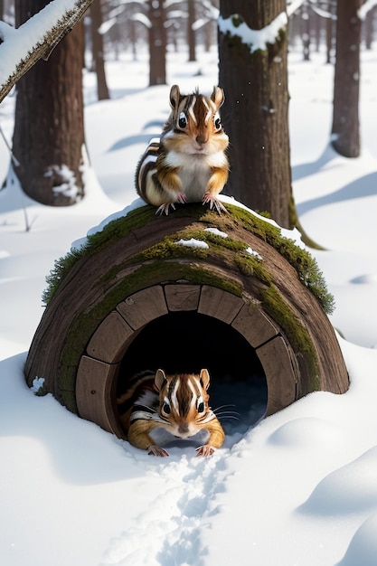 Wild animal squirrel looking for food in tree hole in snowy forest in winter HD photography