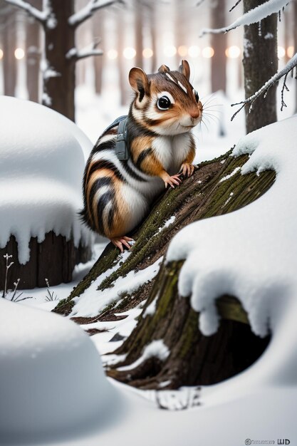 冬の雪に覆われた森の木の穴で食べ物を探す野生動物のリスのHD写真