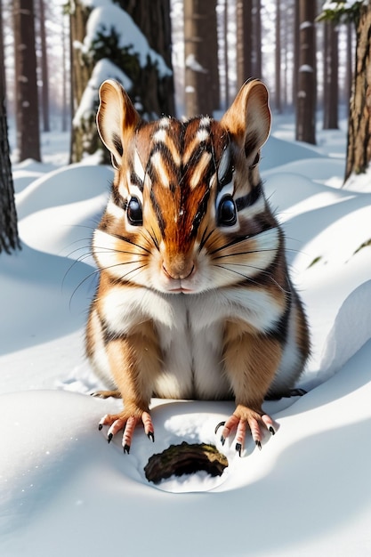 写真 冬の雪に覆われた森の木の穴で食べ物を探す野生動物のリスのhd写真