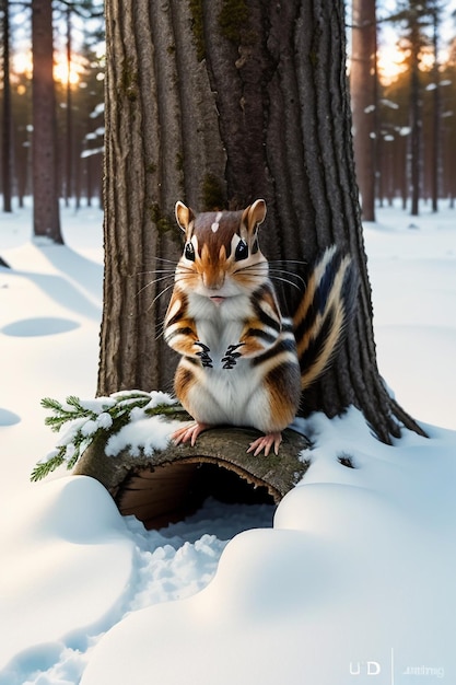 Фото Дикое животное-белка ищет еду в дупле дерева в заснеженном лесу зимой hd-фотография