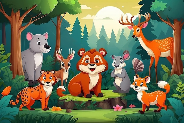 Wild Animals with Forest Scene Cartoon Style Vector