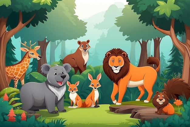 Wild Animals with Forest Scene Cartoon Style Vector