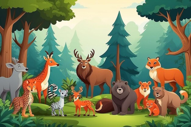 Wild Animals with Forest Scene Cartoon Style Vector