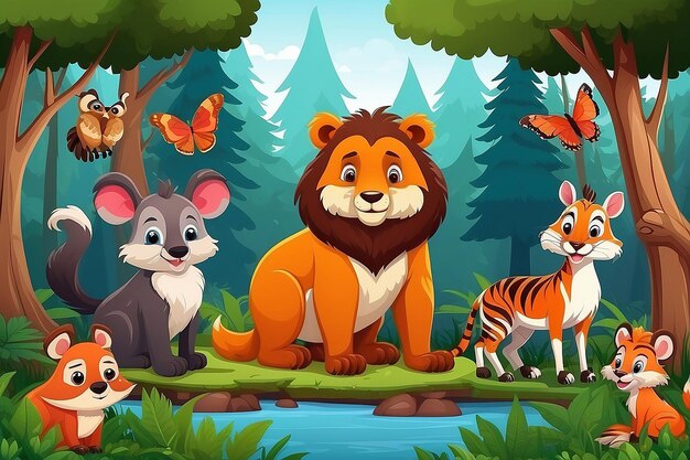 Photo wild animals with forest scene cartoon style vector