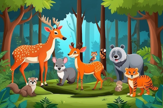 Фото Дикие животные с лесной сценой в стиле мультфильма