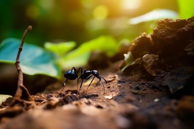 森の地面にいる野生のアリがAiを生成