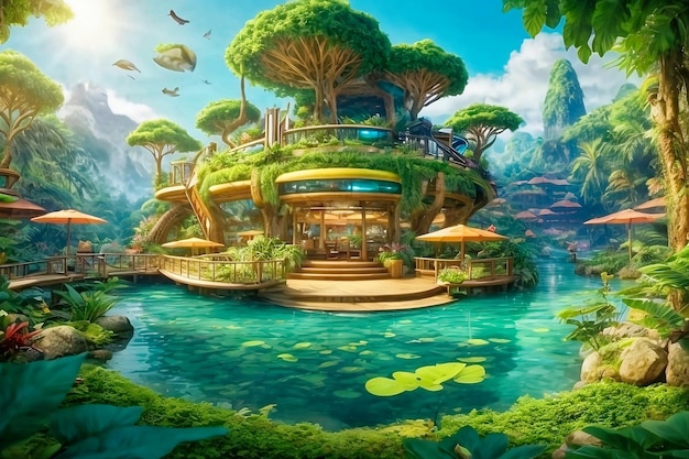 дикий фон лес иллюстрация с мультяшными деревьями Лодка Поезд Замок и пейзажи джунглей Природа