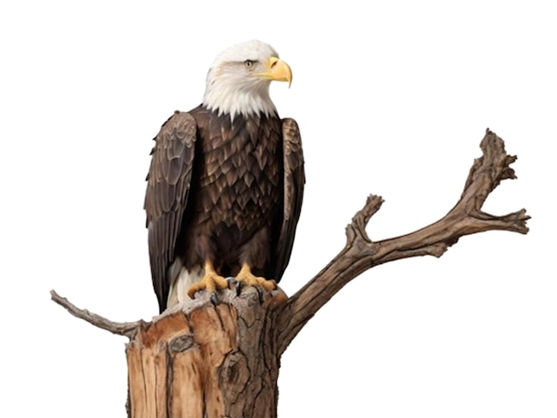 Foto aquila calva selvaggia appollaiata su un albero morto isolato su uno sfondo bianco