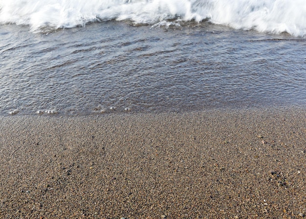 Wild beach lake The coastline of the sea Brown sand and blue sky Mountain View