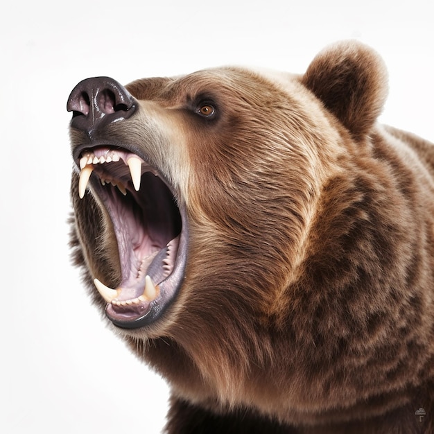 野生のクマのうなり声は怒って大きな歯をむく白い背景で隔離の頭のクローズ アップを負担します。