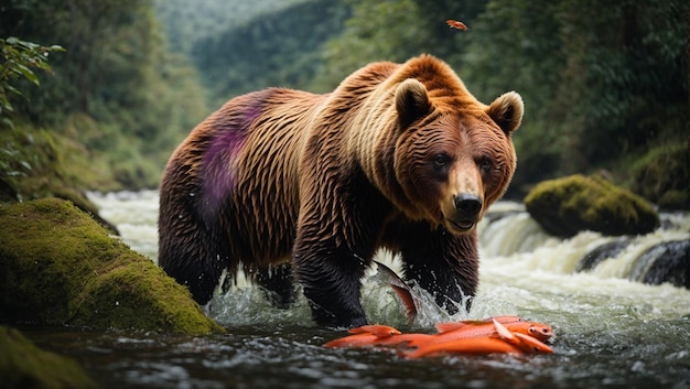 Photo wild bear on river with orange salmon fish