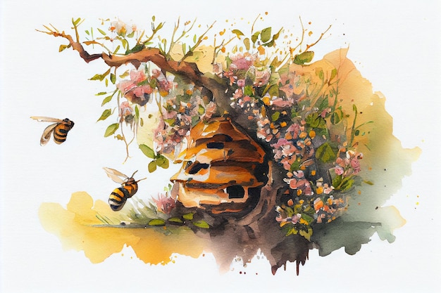 약간의 수채화 생성 ai로 그리는 꽃이 있는 나무에 있는 야생 꿀벌 벌집