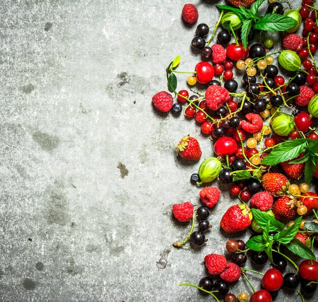 Wild berries on old stone table.