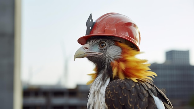 Photo wild bird in a red construction helmet outdoors