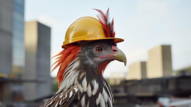 Photo wild bird in a yellow construction helmet outdoors