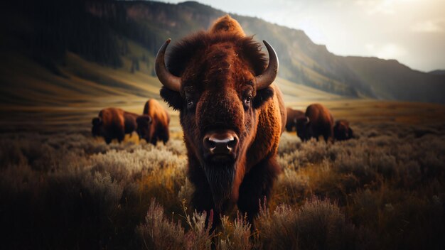 Foto bison selvaggio in natura che guarda la telecamera