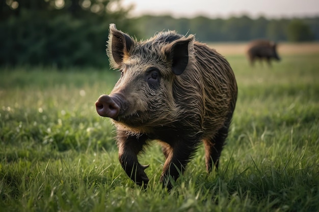 Foto cinghiale in piedi in un paesaggio erboso al crepuscolo