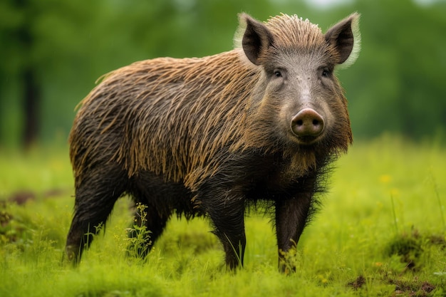 Wild boar sus scrofa on green grass