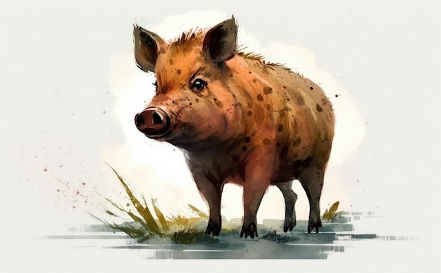 A wild boar in the white background. watercolor illustrations for kids cartoon style ai generated