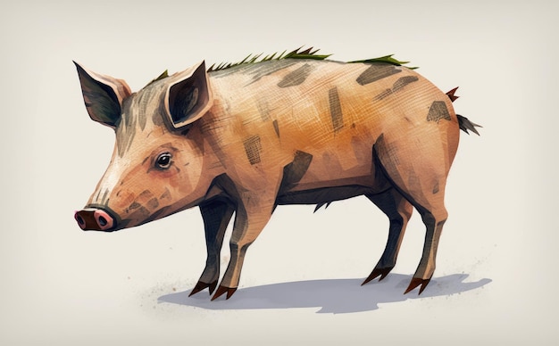 A wild boar in the white background. watercolor illustrations for kids cartoon style ai generated