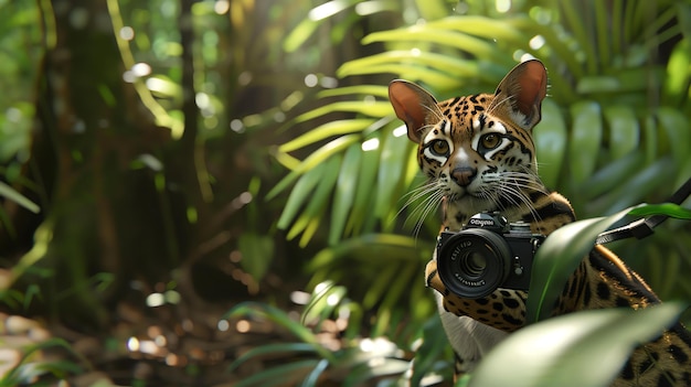 Photo a wild cat is taking a picture of the jungle with a vintage camera the cat is in the middle of the frame and looking at the camera