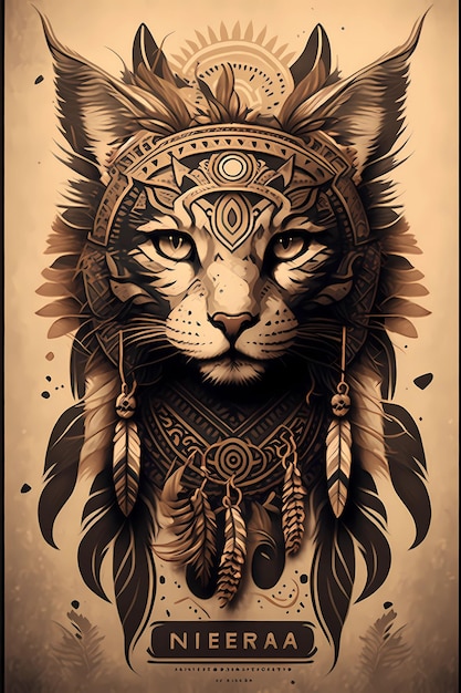Дикая кошка племенный тотем грубый рисунок символ племенный индийский котенок портрет лица в эскизном стиле мистический майя художественный образец с эмблемой домашнего животного