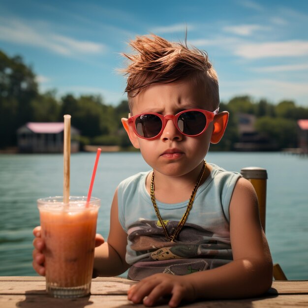 Wild Child Embracing Nature's Delight by the Lake with a Refreshing Smoothie