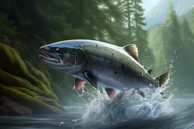 Wild chinook salmon fish jumping out of river water in a forest