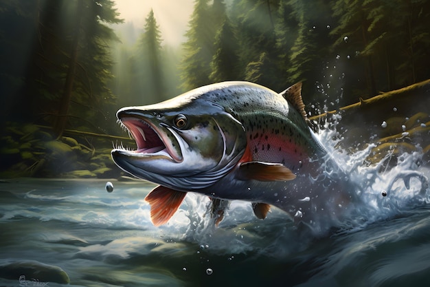 Wild chinook salmon fish jumping out of river water in a forest