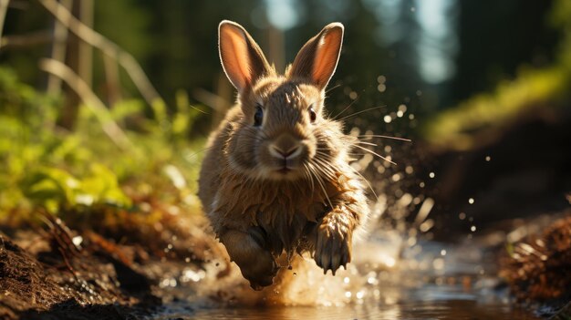 Wild cute Easter rabbit is running