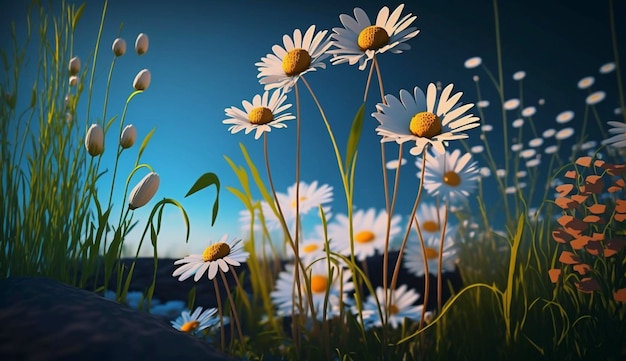 Wild Daisies In The Grass With A Blue Sky Generative Ai