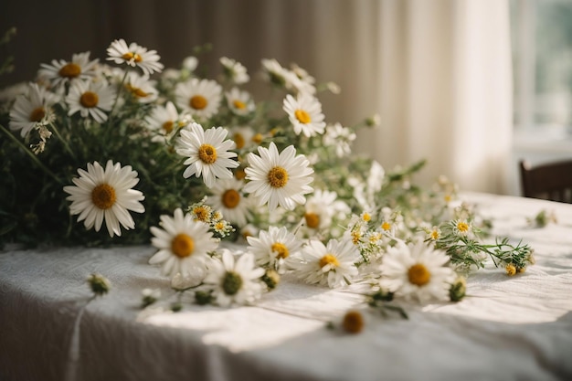 wild daisy flowers and white linen tablecloth