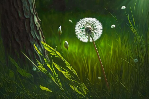 Wild dandelion with seeds and green stem in clearing of forest glade generative ai