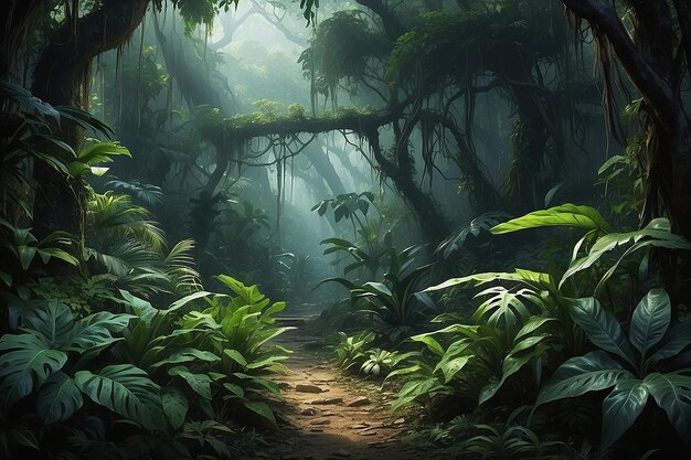 Wild dark jungle forest nature landscape with green jungle foliage and exotic plants