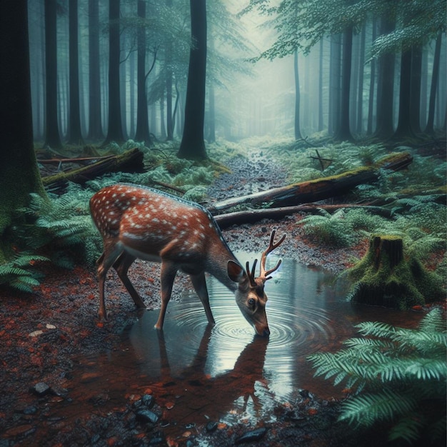 Wild deer in a dense forest drinking